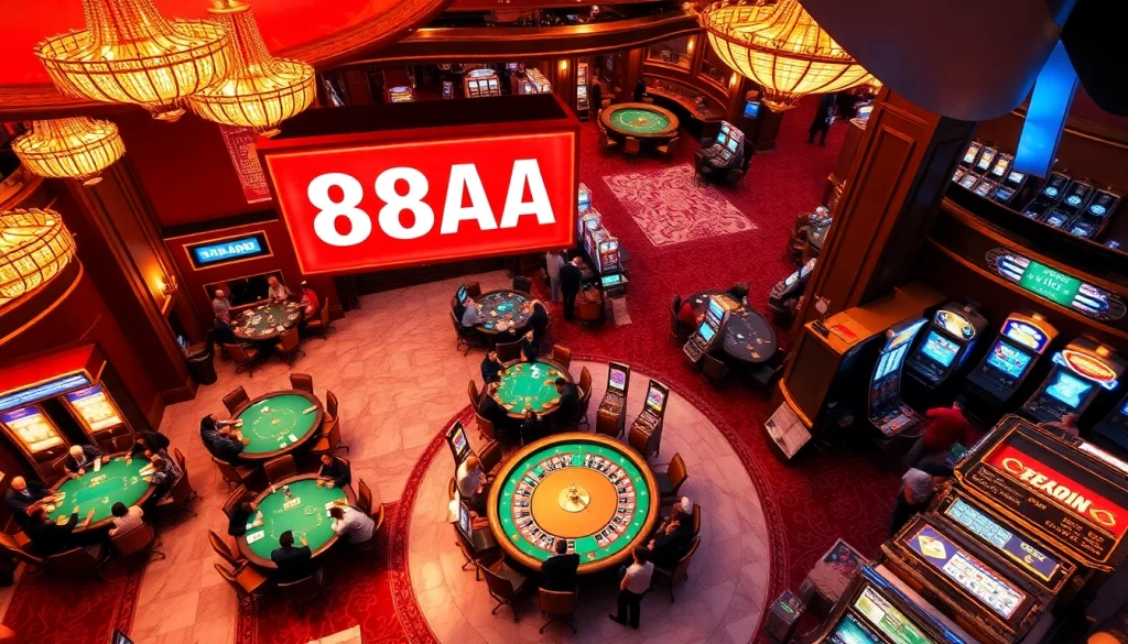 Players enjoying an exciting game at the casino, highlighting 88AA poker tables with vibrant chips and cards.