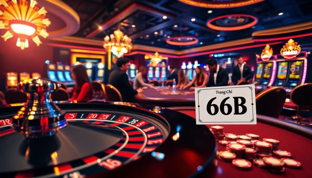 Feel the thrill of Roulette and Poker action at Trang Chủ 66B casino showcasing luxurious tables and vibrant slot machines.