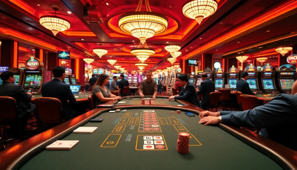 RR88 casino game excitement: players engaged at vibrant tables filled with chips and cards.