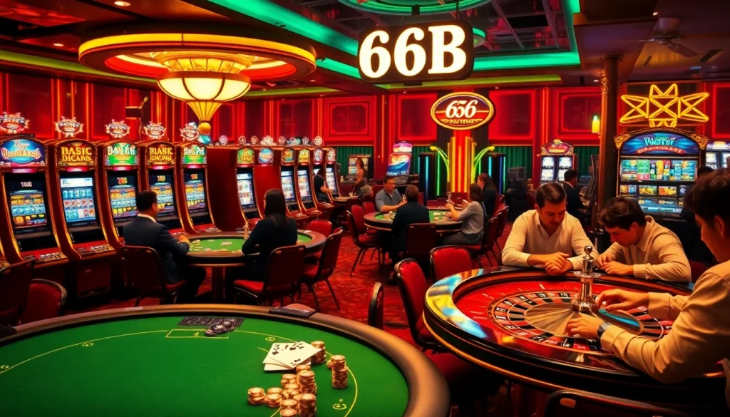 Casino scene featuring a vibrant poker table with players, 66B chips displayed prominently.