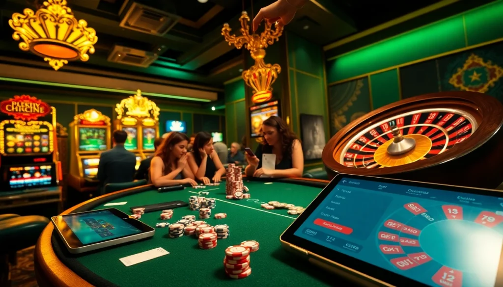 i1dompet online casino scene filled with vibrant poker action and slot machines.