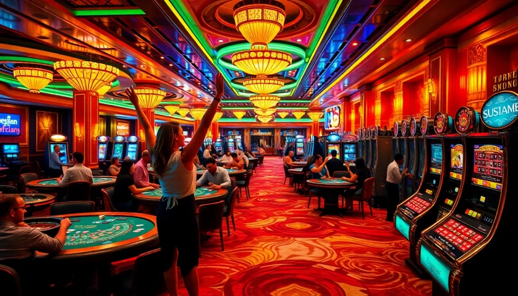 Exciting gameplay at new88siam com casino, showcasing casino tables and slot machines amid vibrant atmosphere.