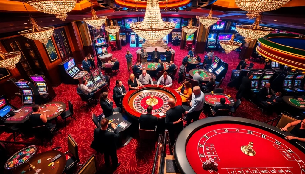 The dynamic atmosphere of gambling at https://8xbetvi.us.com/ showcased through an exciting roulette game with enthusiastic players and colorful casino elements.