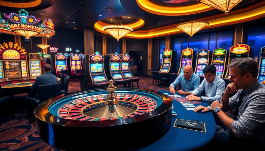 The vibrant casino scene at https://nohu90.download/ showcases intense poker games and illuminated slot machines.