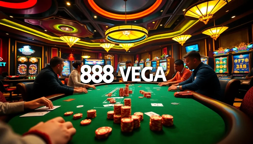 "Players strategizing at a poker table in 88AA Vega casino, showcasing high-stakes excitement."