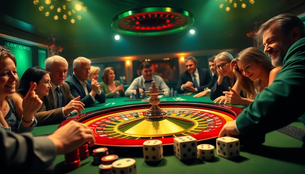88AA casino scene showcasing excitement with players around a roulette wheel and poker chips.