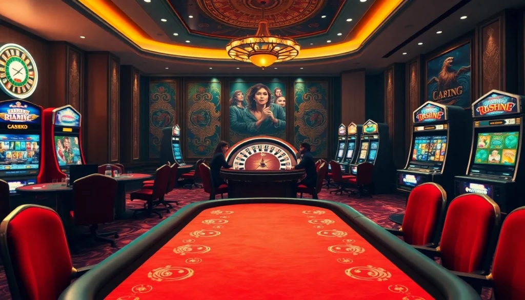 Experience the thrill of RR88 with players at a luxurious casino poker table, featuring roulette and vibrant slot machines.
