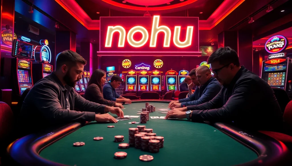 Nohu-themed poker game featuring intense players and vibrant casino lights.