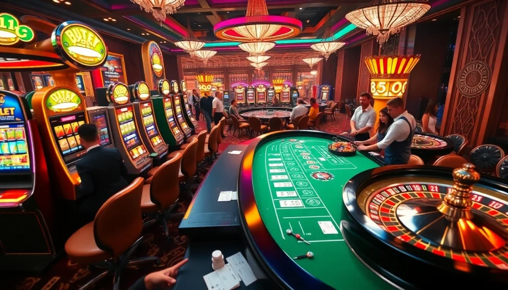 Experience the exciting atmosphere of 88aa vega where players engage in thrilling casino games with vibrant tables and flashing slot machines.