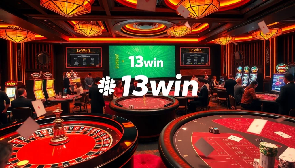 13win players thrillingly engage at a vibrant casino table with chips and cards.