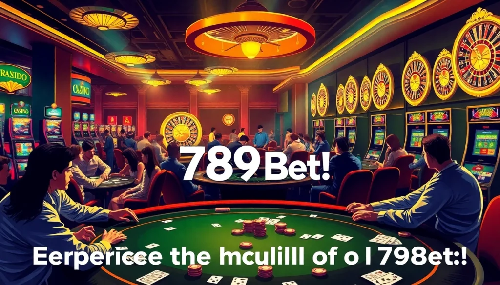 Experience the excitement of the 789 bet casino with players at poker tables and bright slot machines.