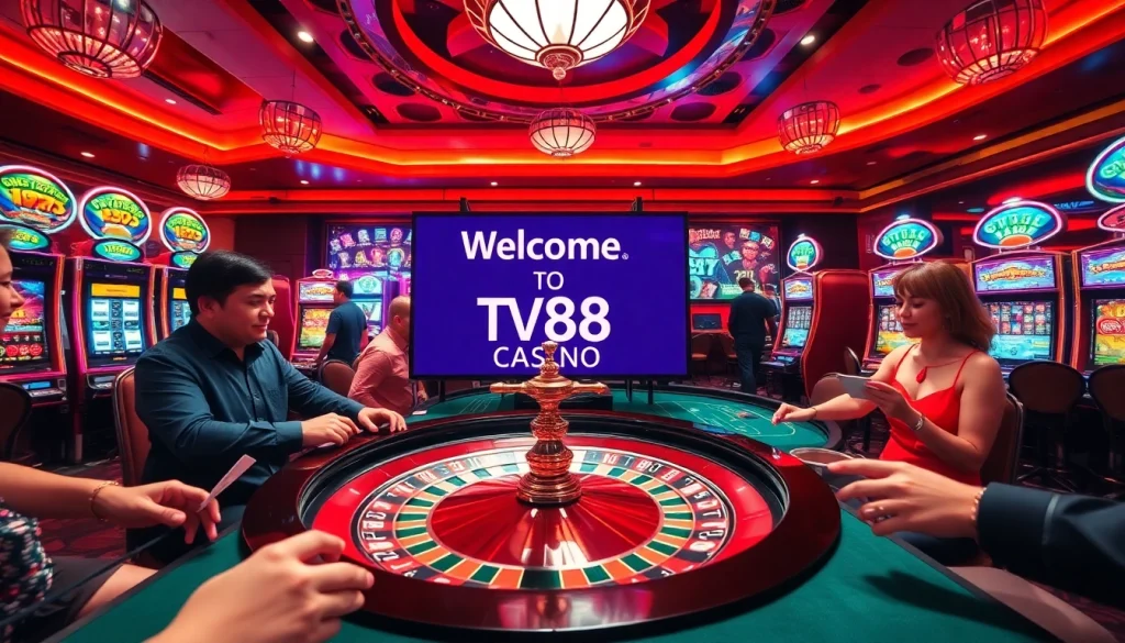 TV88 Casino vibrant roulette table with excited players and slot machines bustling in the background.